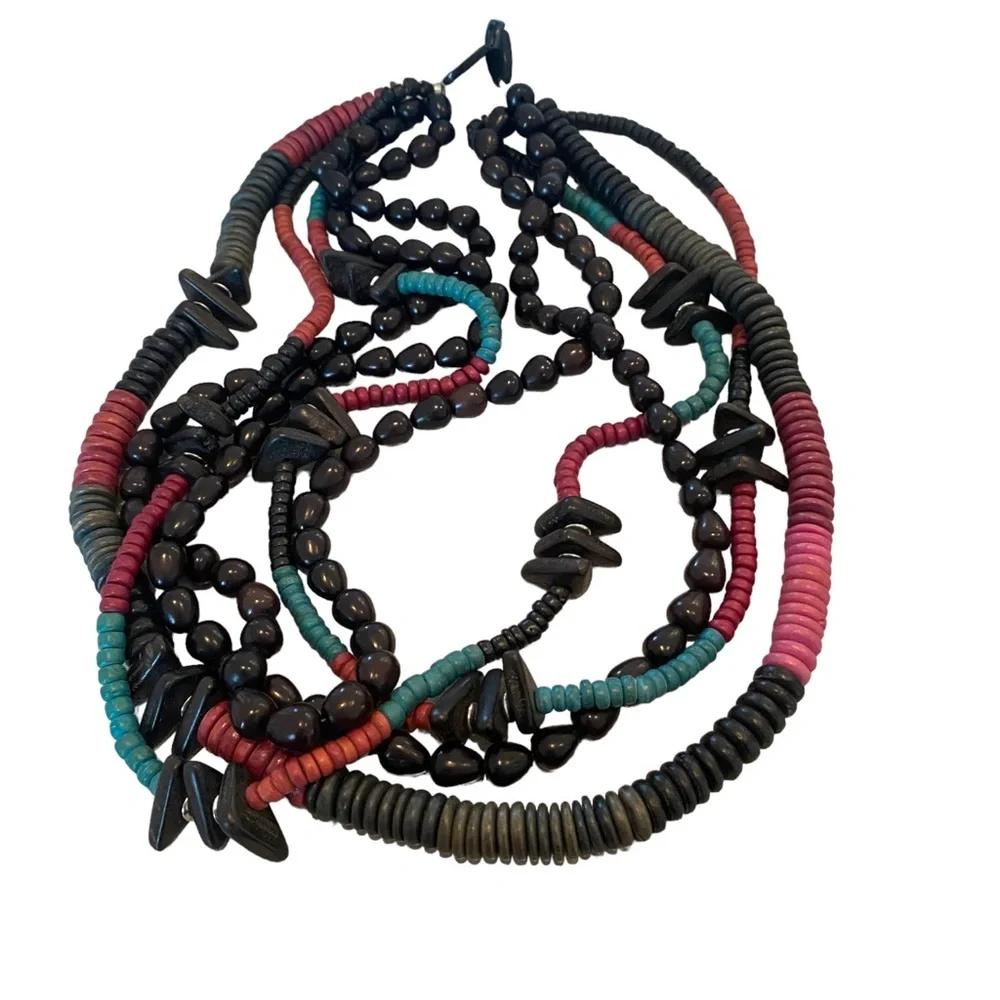 Wooden tribal multi strand multicolor necklace black red 11”